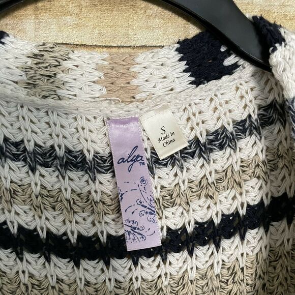 Alya White & Tan Striped Open Knit Duster Cardigan - Size Small - Open Sweater - Picture 3 of 5